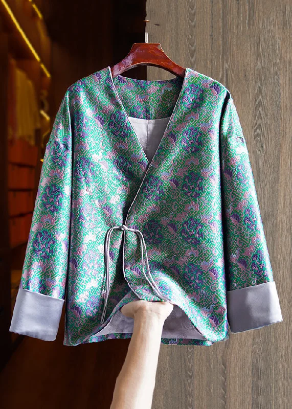 Jacquard Green V Neck Chinese Button Patchwork Silk Coats Long Sleeve