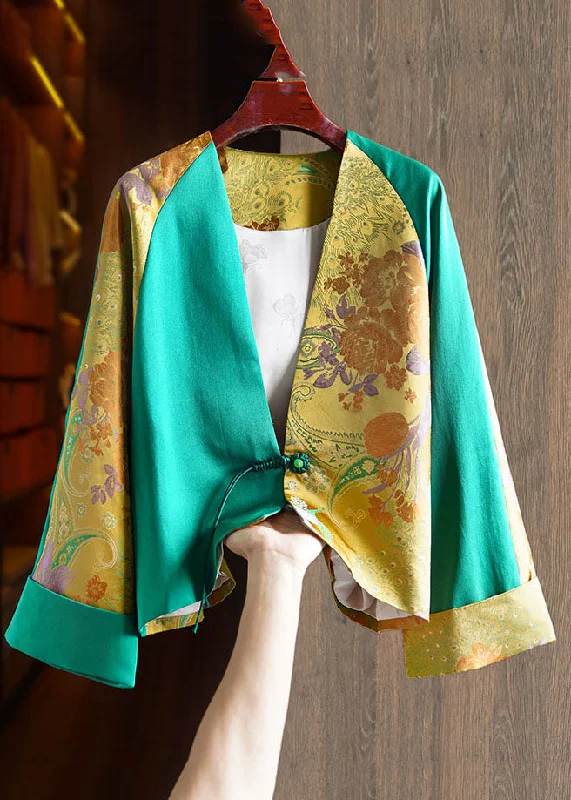 Jacquard Green V Neck Patchwork Button Silk Coats Fall