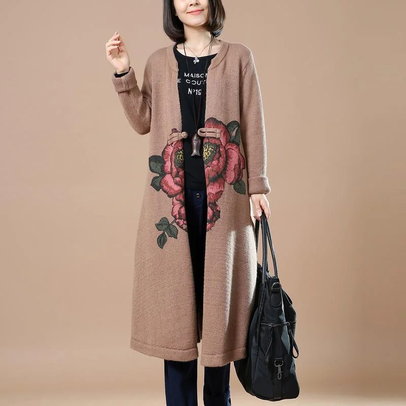 Khaki floral sweater coats long knit outwear