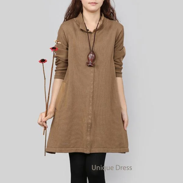 Khaki women sweater coat hooded cardigan