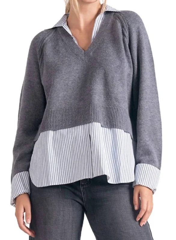 Long Sleeve Combo Sweater In Grey