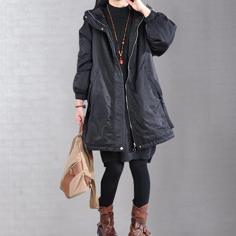 loose black winter down jacket zippered drawstring coats