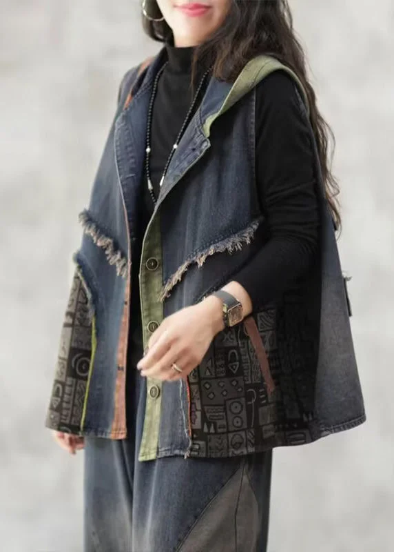 Loose Blue Hooded Button Patchwork Denim Waistcoat Sleeveless