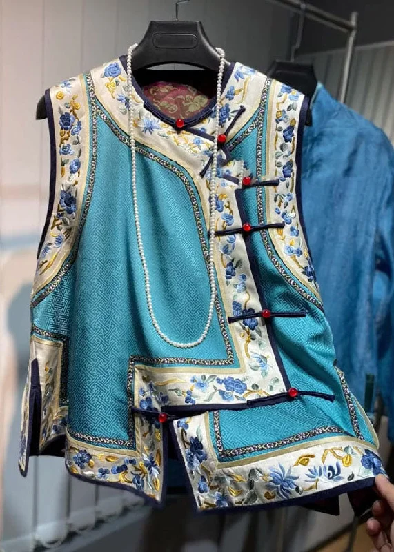 Loose Blue O-Neck Embroideried Floral Patchwork Silk Waistcoat Fall