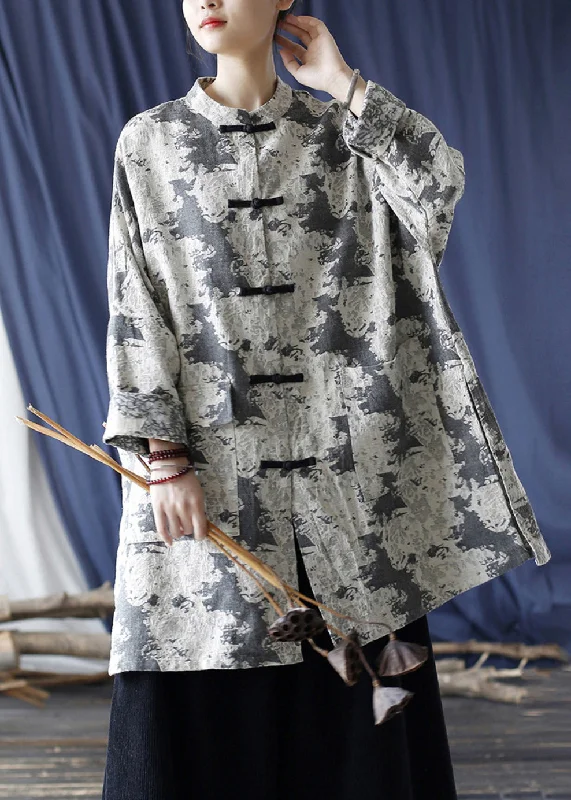 Loose Grey Button Print Pockets Cotton Coats Long Sleeve