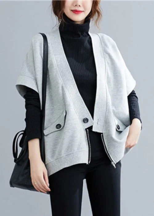 Loose Grey Zippered Button Patchwork Cotton Waistcoat Fall