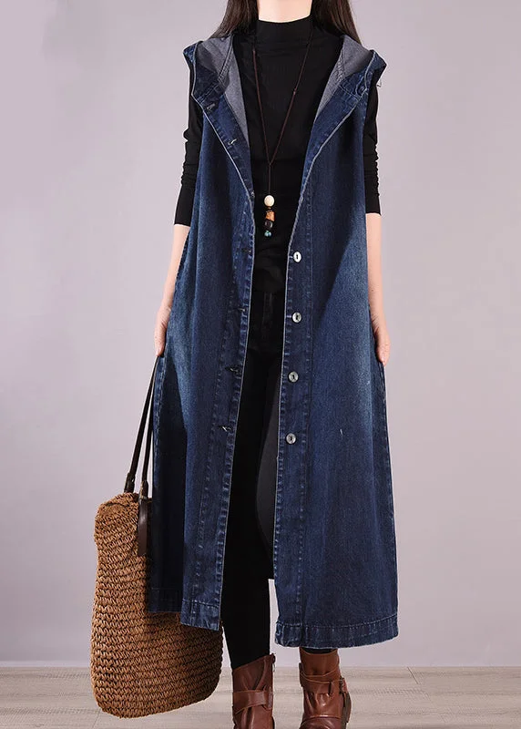 Loose Navy Hooded Button Denim Waistcoat Long Coats Sleeveless