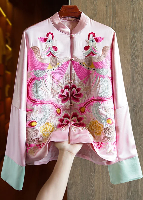 Loose Pink Stand Collar Embroideried Patchwork Silk Coats Fall