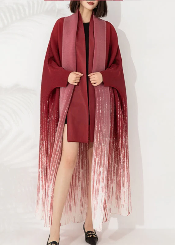 Loose Red V Neck Tie Waist Long Coat Fall