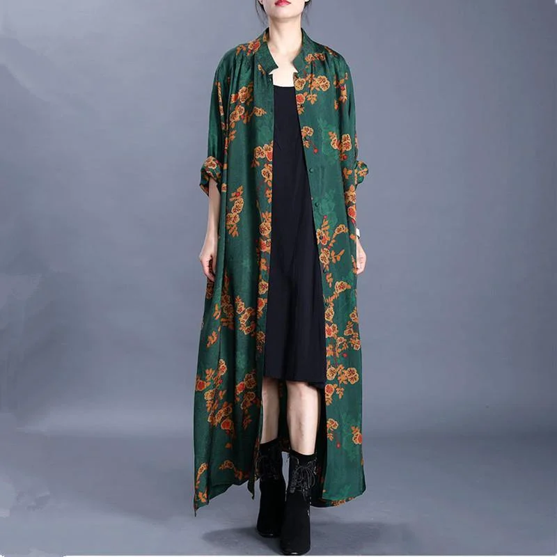 Loose stand collar side open top quality spring tunic coats green print outwear