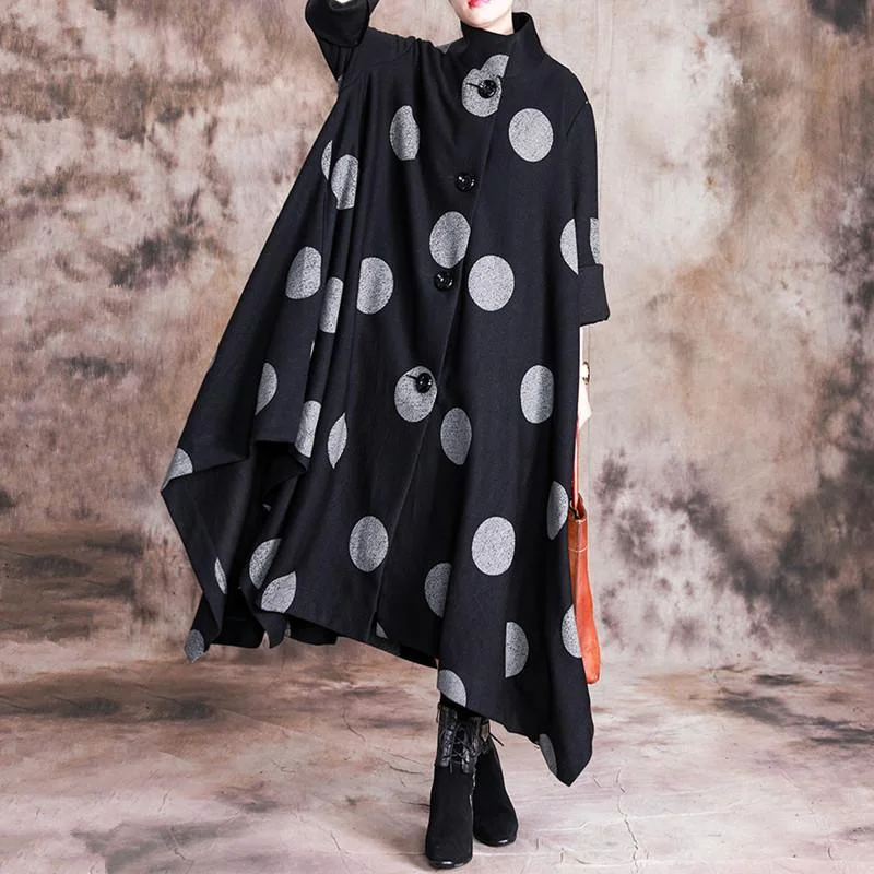 Luxury black dotted woolen coats casual Winter coat stand collar