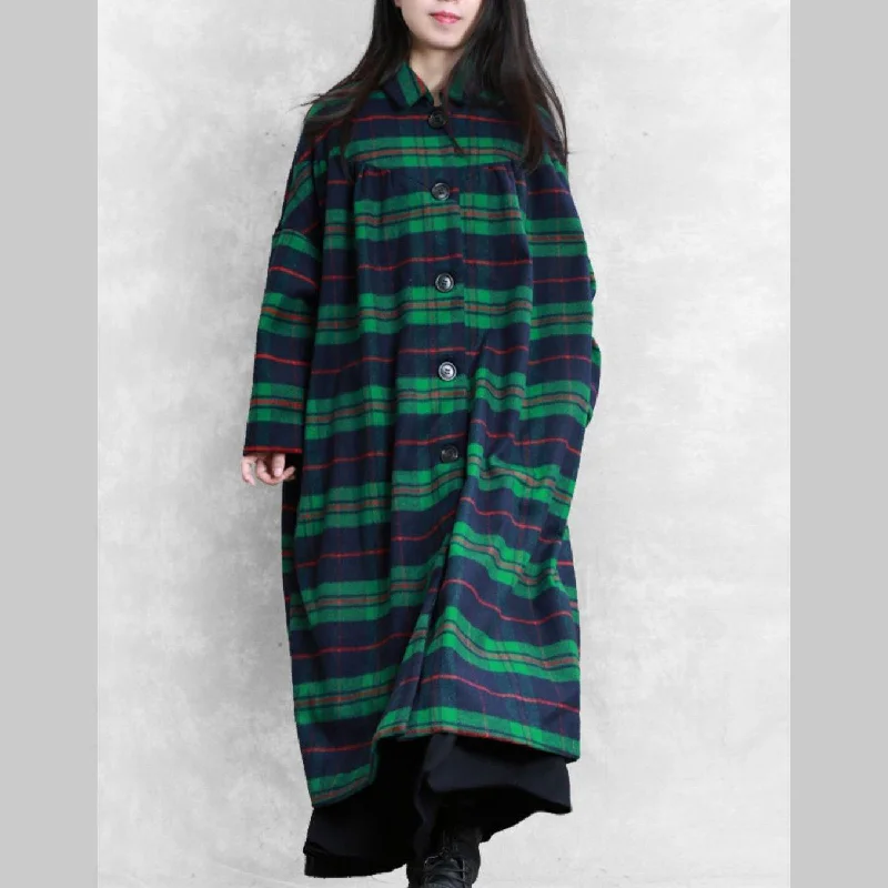 Luxury casual Coats women coats green plaid Notched pockets wool coat for woman