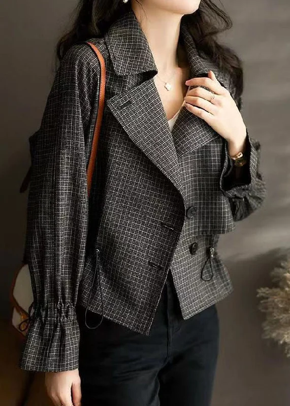 Modern Black Peter Pan Collar Plaid Drawstring Patchwork Cotton Jacket Fall