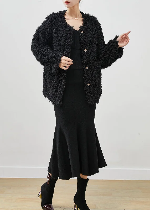 Modern Black Sequins Faux Fur Coats And Dress Two-Piece Set Winter