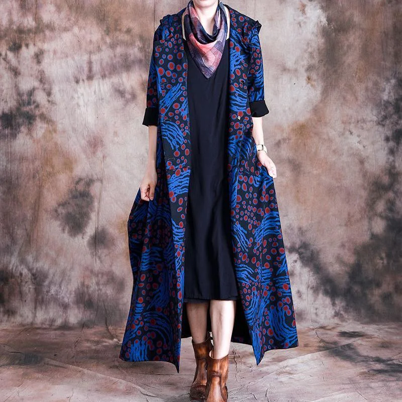 Modern hooded Fashion patchwork tunic coats blue prints daily outwears