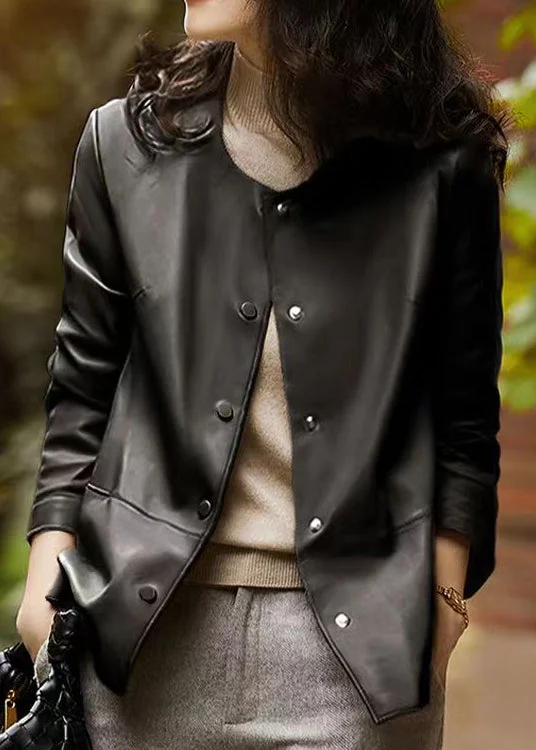 Natural Black O Neck Button Patchwork Sheepskin Coats Fal