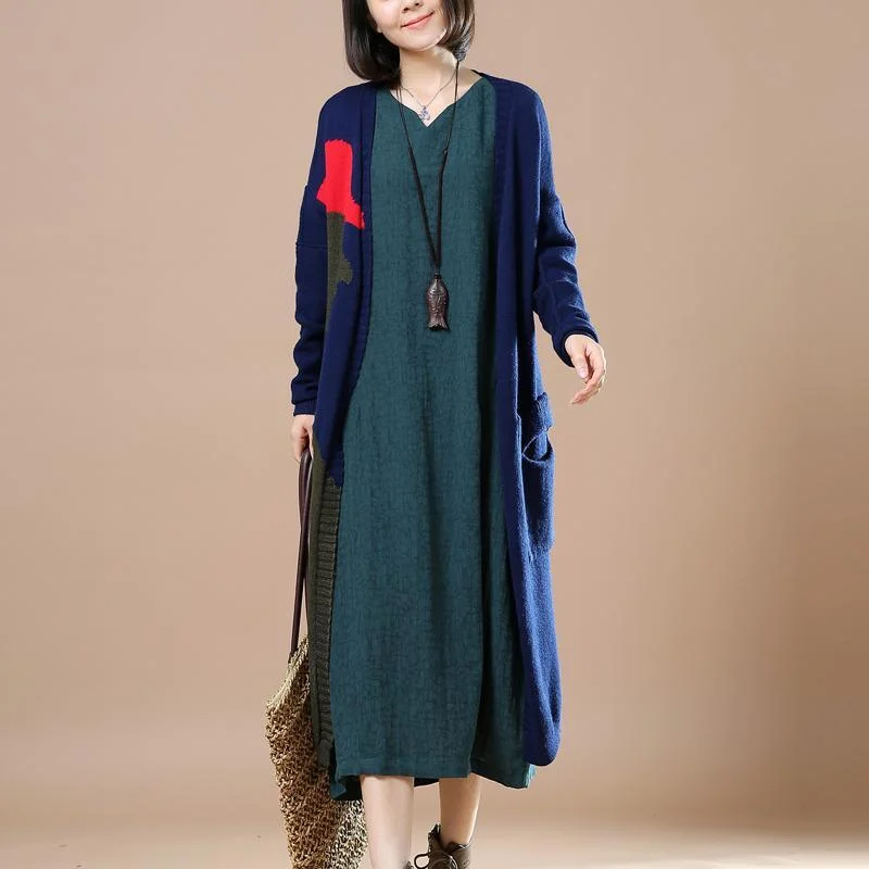 Navy patchwork long cardigans woman sweater coat