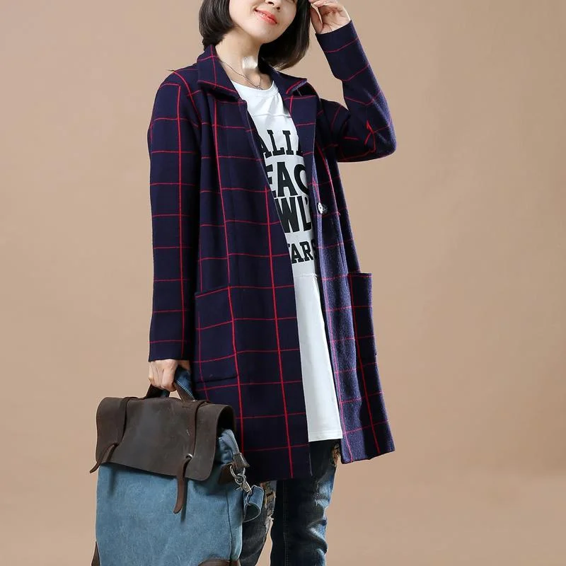 Navy plaid knit jackets women sweater coats