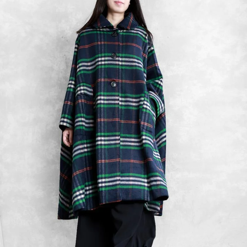 New blue plaid woolen overcoat oversized Winter Peter pan Collar coat