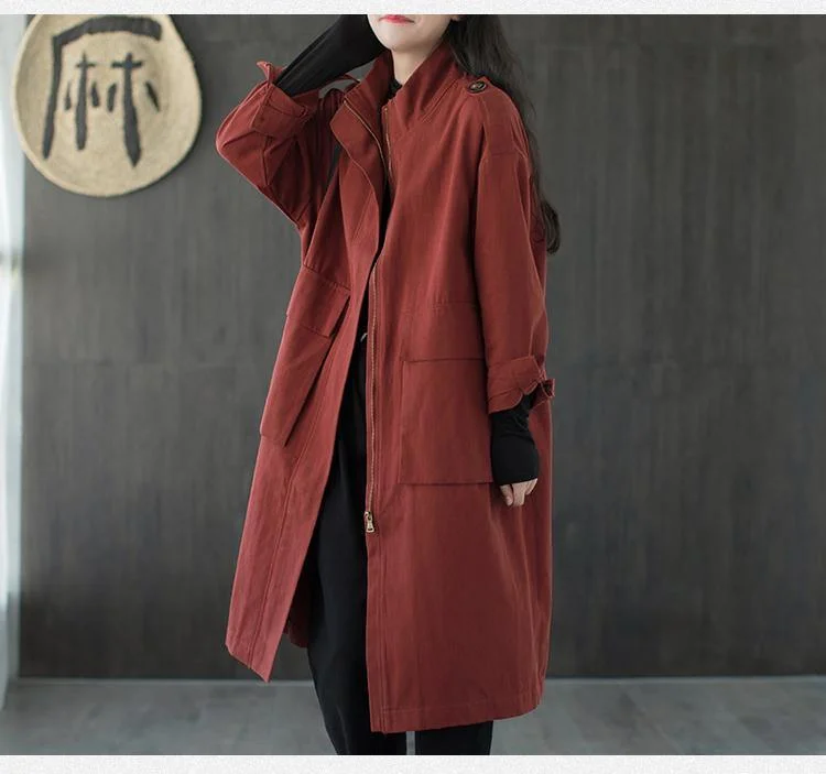 New Loose Leisure 2 Color Zipper Pockets Long Sleeve Windbreaker Women Coat