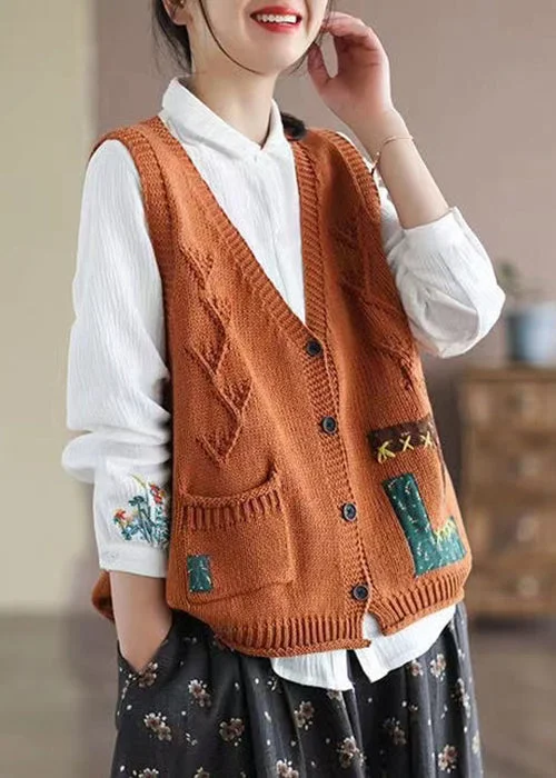 New Orange V Neck Button Pockets Cotton Knit Waistcoat Sleeveless