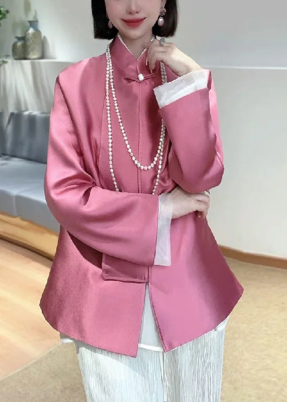 New Pink Stand Collar Button Patchwork Silk Coats Spring