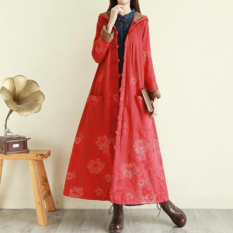 New red embroidery women parka Loose fitting Jackets & Coats winter outwear hooded