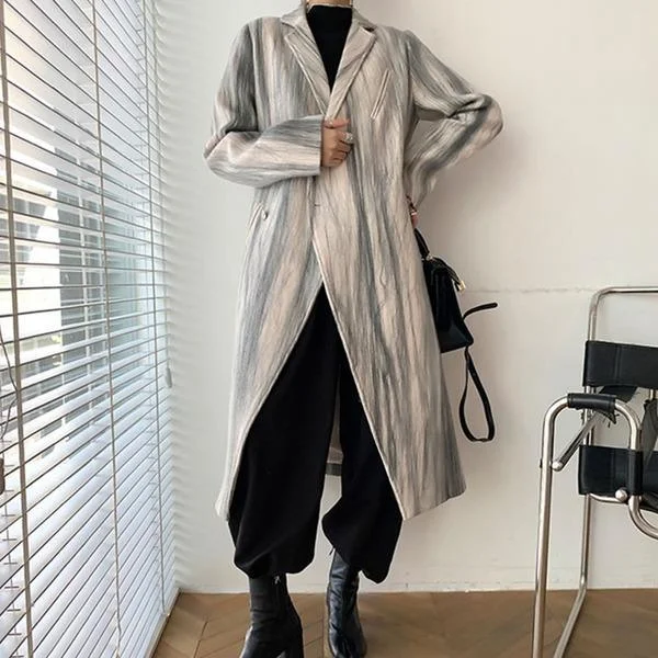 New Smoke Gray Lines Print Blend Loose Casual Women Coat Winter Fashion V Neck Collar Simplicity Single Button