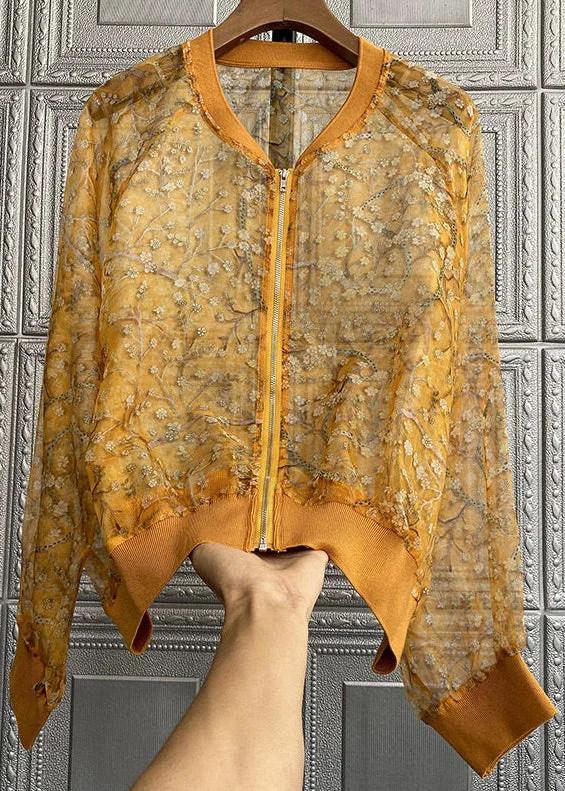 New Yellow Embroideried Zippered Patchwork Silk Thin Coats Long Sleeve