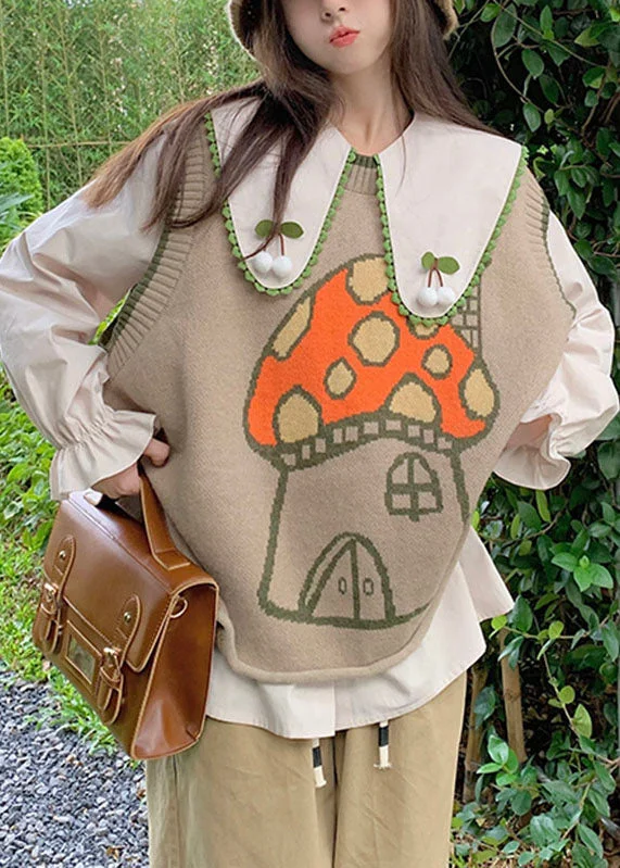 Novelty Khaki Print Knit Waistcoat And Shirts Two Piece Set Fall