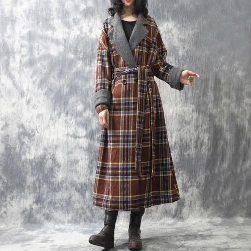 Omychic Winter Woolen Coat Plaid Patchwork Loose Long Coat Outerwear Ladies Fashion Plaid Coat Overcoat Female Topcoat 2019