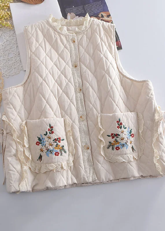 Organic Beige Embroideried Ruffled Patchwork Tie Waist Waistcoat Winter