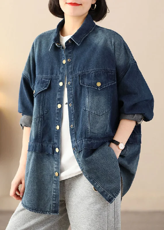 Organic Blue Oversized Patchwork Pockets Cotton Denim Coats Spring