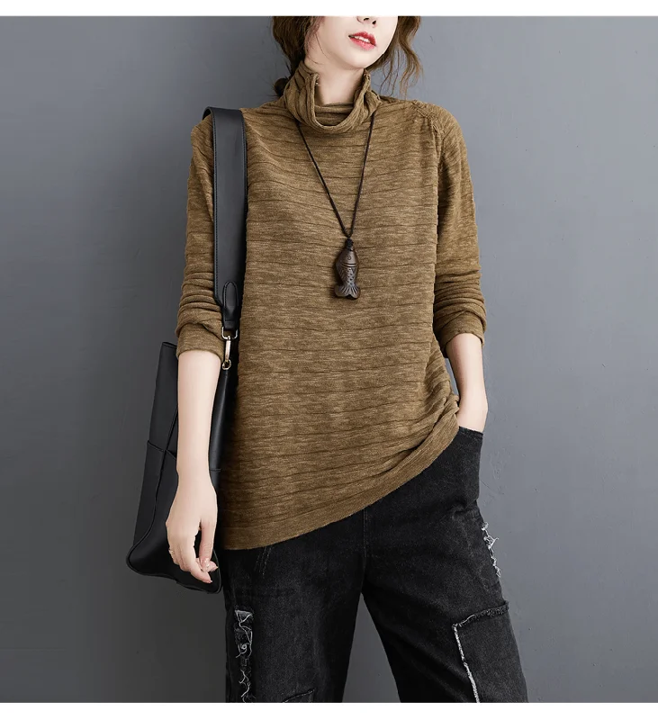 Oversized Chocolate Knitted Blouse High Neck Baggy Sweater Blouse