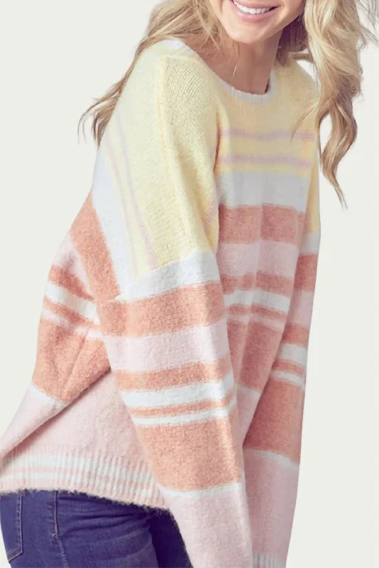 Oversized Striped Ribbed-Knit Sweater In Yellow/terracotta/pink