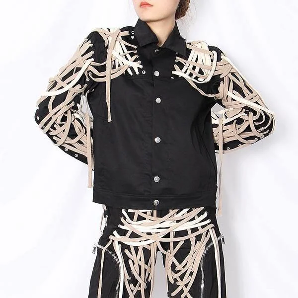 Patchwork Bandage Jacket Women Style Turn Down Collar Long Sleeve Single Breasted Coat