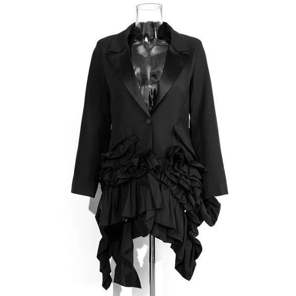 Patchwork Irregular Blazer Women Trendy Fashion New Style Ruffles Notched Collar Single Button Long Sleeve Coat