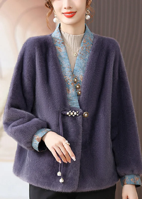 Purple Patchwork Mink Hair Coats V Neck Tasseled Button Fall