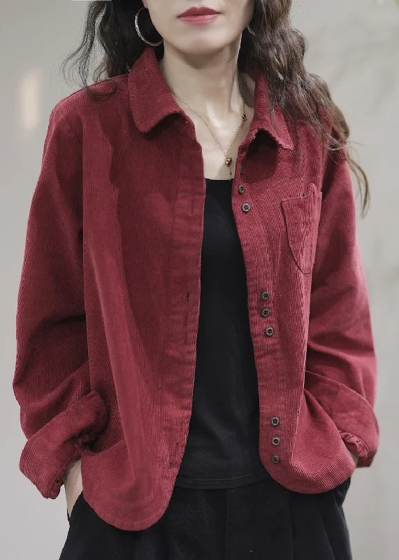 Red Pockets Button Solid Corduroy Coat Spring