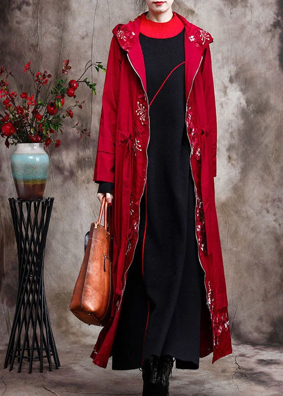 Red zippered Patchwork Embroideried Spring Coats