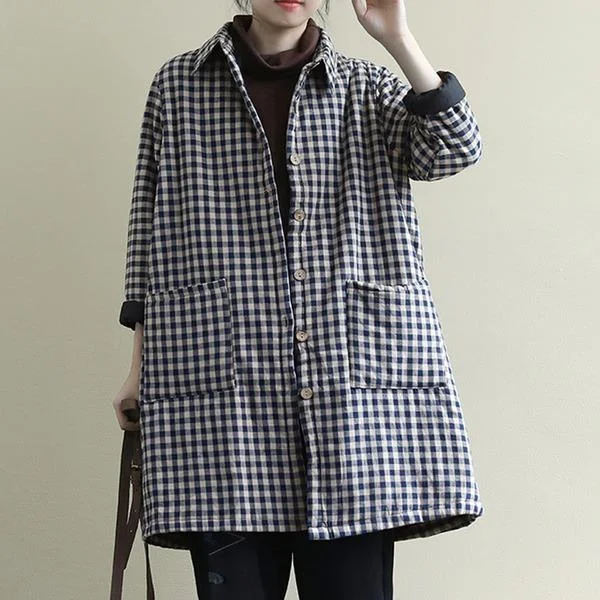 Retro Lapel Plaid Pockets Thick Cotton Jacket 2020 New Loose Simple Comfortable Women Long Coat