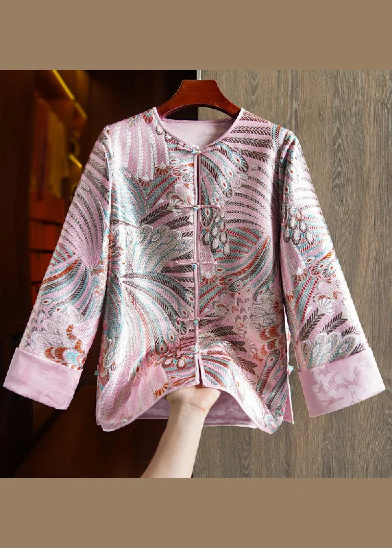 Retro Pink Embroideried Chinese Button Patchwork Silk Coats Fall