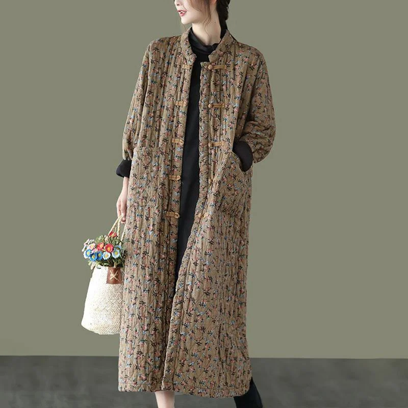 Retro Pocket Warm Long Cotton Women Coat