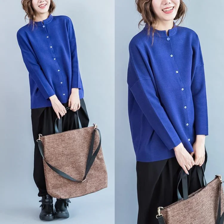 Royal blue cashmere knit cardigan short woolen coat