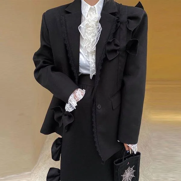 Ruffle Blazer Fashion New Women Small Fresh Full Sleeve 2020 Winter Single Breast Loose Bow Black Blazer Coat