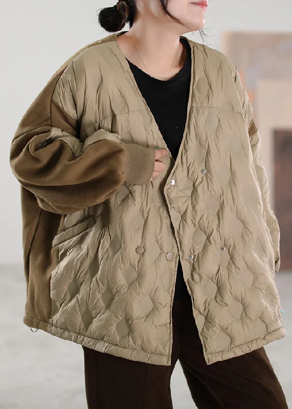 Simple Khaki V Neck Patchwork Duck Down down coat Winter