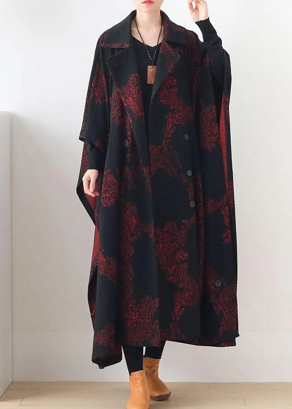 Simple Red Print Asymmetrical Design Button Coat Long