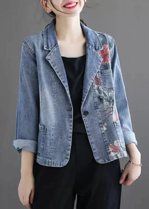 Slim Fit Light Blue Notched Collar Pockets Print Denim Coat Spring