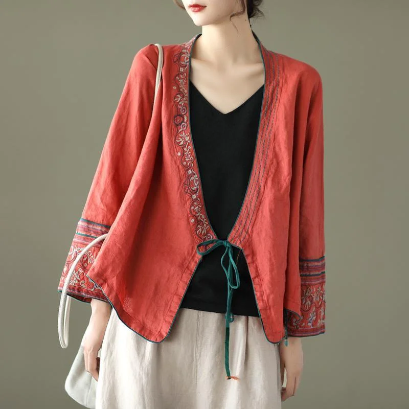 Spring Embroidery Lace-up Cardigan Coat