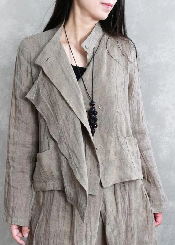 Street Khaki Asymmetrical Design PeterPan Collar Button Fall Coat Long Sleeve